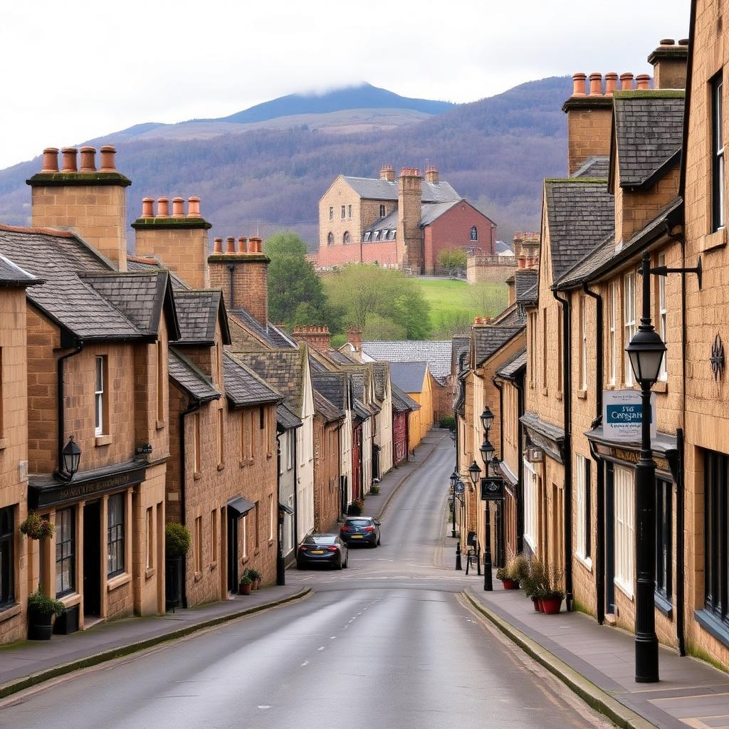 Auchterarder's long high street in Strathearn with sandstone villas, slate pitched roofs and the Ochil Hills behind — Rossi Roofing service area