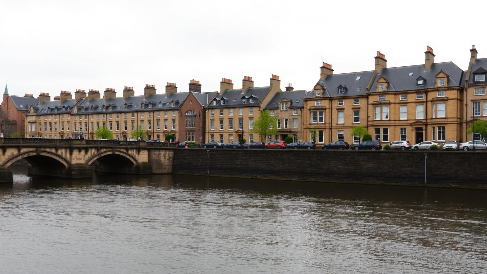 River Tay riverfront in Perth with Georgian sandstone townhouses, dormers and chimney stacks — Rossi Roofing service area