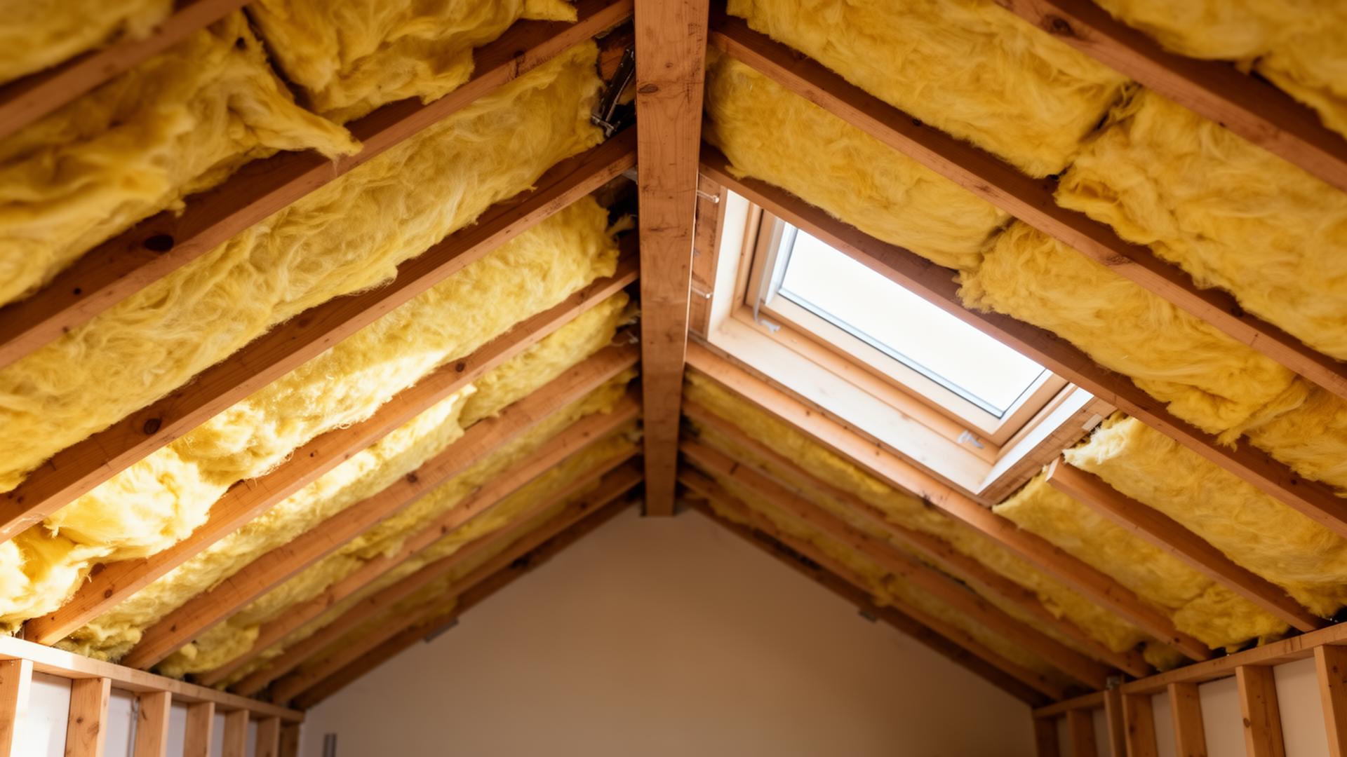 Loft fitted with thick fibreglass insulation between pitched roof rafters